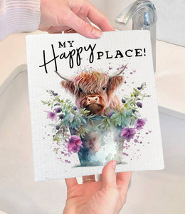 36-16024 Highland Cow My Happy Place SWEDISH DISH CLOTH