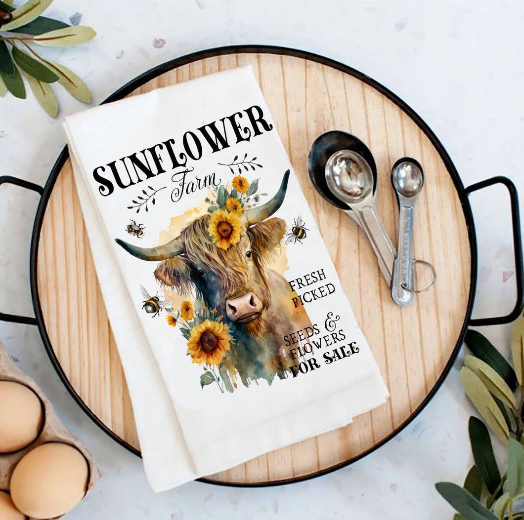 36-1604-1 Highland Cow Sunflower Farm Flour Sack Tea Towel