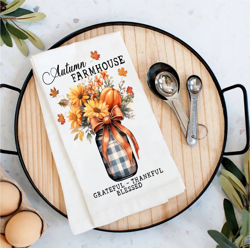 36-26   Autumn Farmhouse Grateful Bless Tea Towel