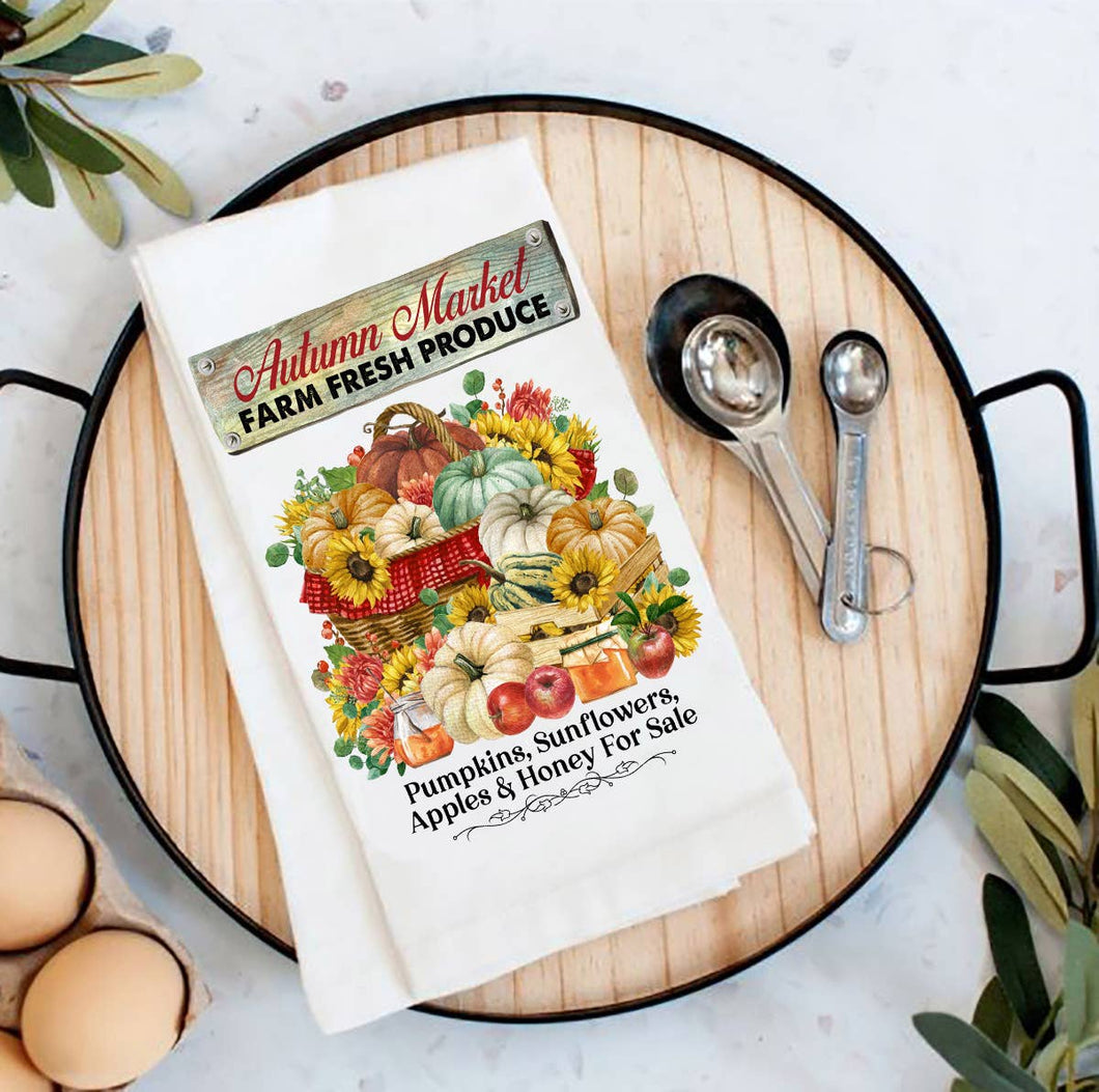 36-57 Autumn Fall Market Pumpkins Apples Flour Sack Tea Towel