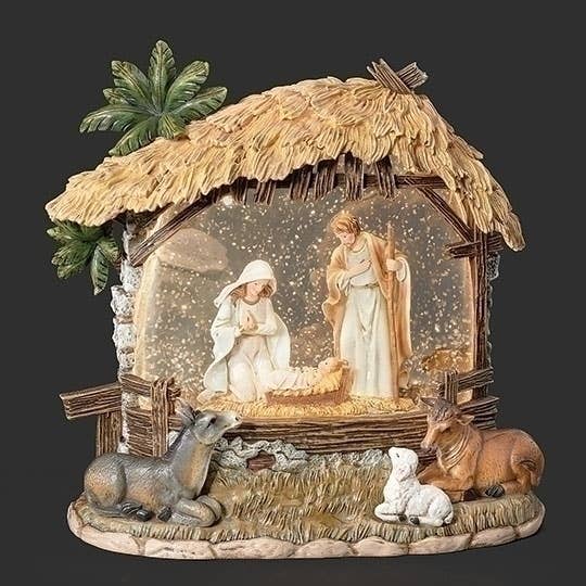 113-138214  Lighted Swirl Holy Family Stable with Animals on Outside