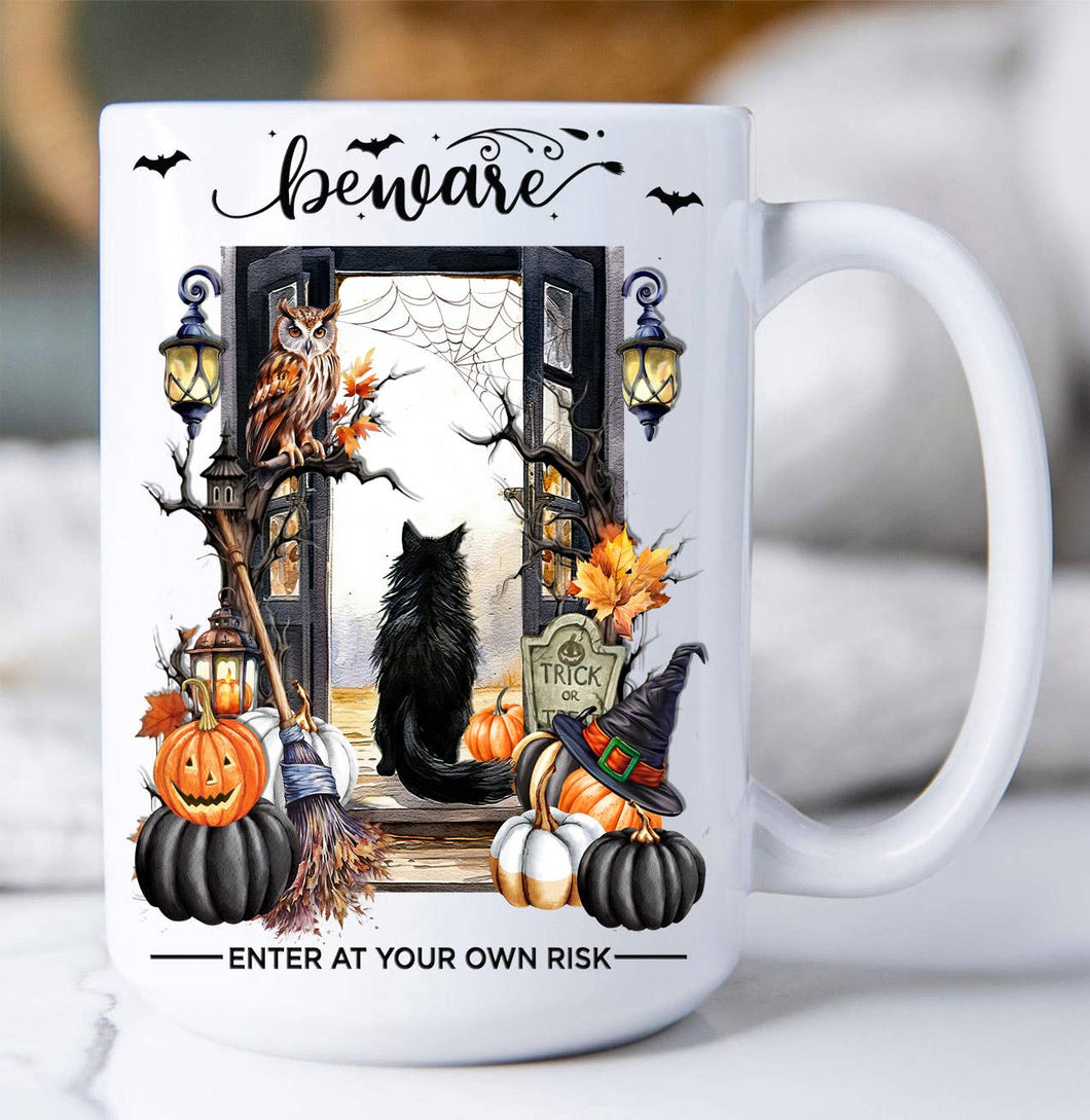 36-23   Halloween Beware Black Cat Pumpkins Coffee Mug