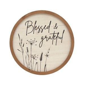 58-1187 Wood 16" White Blessed Round Floral Sign