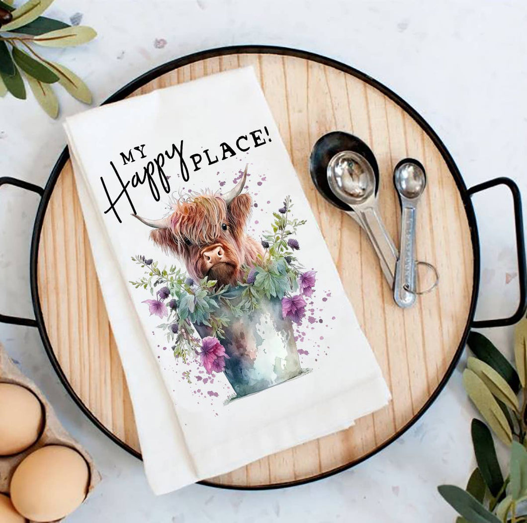 36-16021 Highland Cow My Happy Place Flour Sack Tea Towel