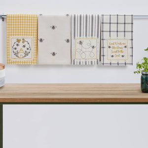 702-3 Embroidered Bee Tea Towel with Gray Stripes