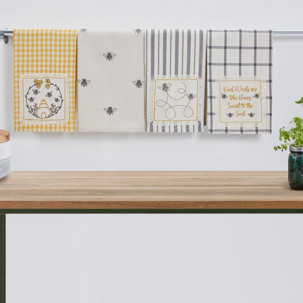 702-3 Embroidered Bee Tea Towel with Gray Stripes